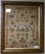 A Victorian needlework sampler with dog, 24.5 x 20in.