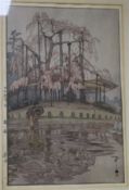 Hiroshi Yoshidawoodblock print"Yozakura in Rain" c.1930signed in pencil15 x 10in.