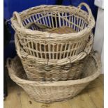 Three wicker baskets and a fishing creel, largest W.78cm