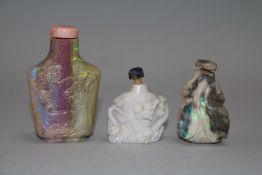 Three Chinese carved opal snuff bottles