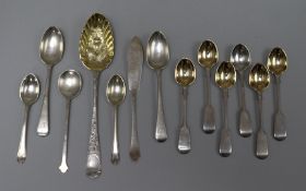 A set of six late Victorian silver fiddle patter egg spoons, London, 1894 and other items of