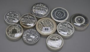 Ten Victorian Areca Nut toothpaste pot lids, including St Paul's and Army & Navy Co-operative