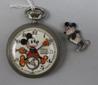 A 1930's novelty chrome cased Ingersoll Mickey Mouse pocket watch with "pink beard" and a Mickey