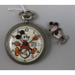 A 1930's novelty chrome cased Ingersoll Mickey Mouse pocket watch with "pink beard" and a Mickey