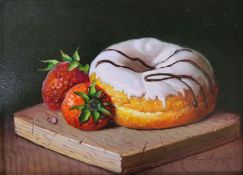 Raymond Campbell (20th C.)oil on panelIced doughnut with strawberriessigned5.5 x 7.5in.