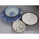A Kraak porcelain blue and white dish, a blue and white bowl, two bowls, three figures, etc
