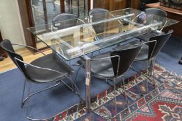 A contemporary chrome and plate glass dining table and six chairs Table W.160cm