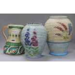 Two large Decoro pottery vases and a Myott jug