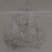 Albert Goodwin (1845-1932)pencil with whiteA ship of the lineSarah Colegrave label verso5.5 x 5.