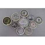 Nine Victorian cherry toothpaste pot lids, including May Roberts & Co. and Newbery & Sons together