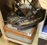 A suitcase of fountain pens, coinage, a model galleon, etc