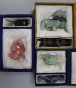 A Chinese hardstone lion, a rabbit, a brushwasher and a small rose quartz censer