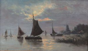 19th C English Schooloil on wooden panelBarges off the coast at sunsetsigned7 x 11.5in.