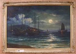 H.Chengoil on canvasJunks off the coast at nightsigned20 x 29.5in.