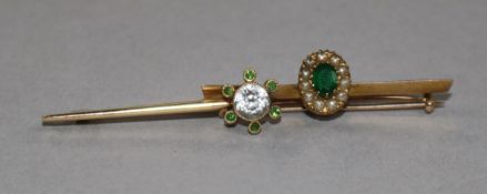 An early 20th century 9ct gold and gem set cluster bar brooch and one other bar brooch (a.f).