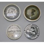 Four Victorian cherry toothpaste pot lids; May, Roberts & Co., John Gosnell and S. Maw, Son &