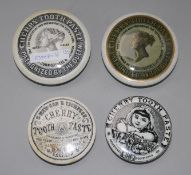 Four Victorian cherry toothpaste pot lids; May, Roberts & Co., John Gosnell and S. Maw, Son &