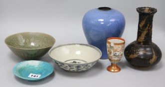 A Chinese Ming blue and white bowl, a Yaozhou type bowl, a blue glazed meiping (neck reduced) and
