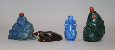 Four Chinese hardstone snuff bottles; in lapis lazuli, malachite and tiger's eye
