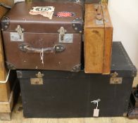 A car travelling trunk, a small cabin trunk and a leather suitcase, largest W.76cm