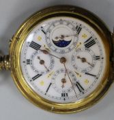 An engine turned gilt metal triple calendar and moonphase pocket watch.