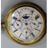 An engine turned gilt metal triple calendar and moonphase pocket watch.