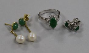 A pair of 14ct yellow gold, jade and pearl earrings, a pair of white gold and jade earrings and a