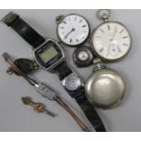 Two silver pocket watches, a black dial pocket watch, a jump hour digital watch and four other