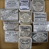 Eleven Victorian square or rectangular toothpaste pot lids, including Marbrero, Cumine's cherry