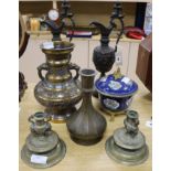A pair of bronze ewers, a Chinese style champleve vase, an ormolu mounted bowl and cover, a hookah