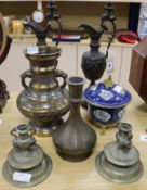 A pair of bronze ewers, a Chinese style champleve vase, an ormolu mounted bowl and cover, a hookah