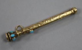 A late Victorian engraved gold overlaid, turquoise and carnelian set propelling pencil, 62mm.