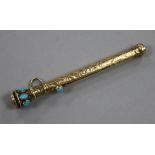 A late Victorian engraved gold overlaid, turquoise and carnelian set propelling pencil, 62mm.