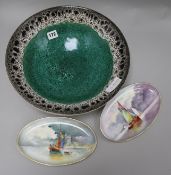 A Poole pottery bowl and two painted Minton dishes