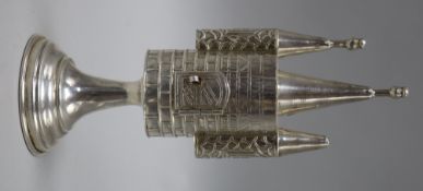 A sterling silver spice tower, (a.f.), 19.2cm.