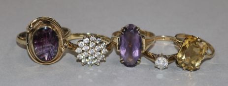 Five assorted 9ct gold and gem set dress rings, including amethyst , CZ and citrine.