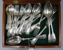 A Victorian silver shell, fiddle and thread pattern part service of flatware, London 1864,