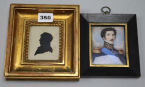 A 19th century oil on ivory miniature of a Swedish officer and a silhouette of a gentleman