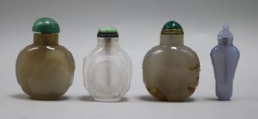 Three Chinese agate snuff bottles and a rock crystal snuff bottle (4)