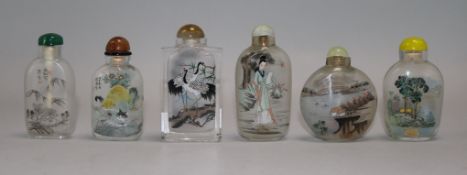 Six Chinese inside painted snuff bottles, one painted cats and insects