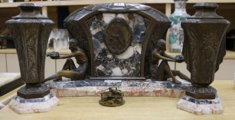 A French Art Deco marble and metal figural mounted clock garniture