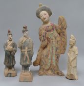 Four Chinese pottery figures of ladies, Tang dynasty or later, one with certificate