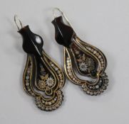 A pair of early 20th century gold and silver tortoiseshell pique drop earrings, 5cm.