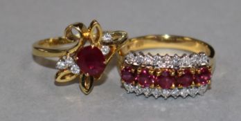 A ruby and diamond triple line half-hoop ring, 14ct yellow gold shank and a similar openwork ring.