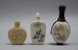 Two Chinese ivory snuff bottle and a bone and horn snuff bottle, late 19th/early 20th century