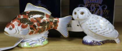 A Crown Derby figure of a fish and an owl, boxed