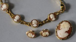 A 9ct gold and cameo suite of jewellery, to include a bracelet and similar brooch and earclips.