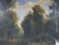 19th century French Schooloil on canvasFigures in woodland22 x 29in., unframed