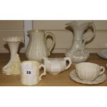 Six assorted items of Belleek porcelain, largest 7in.