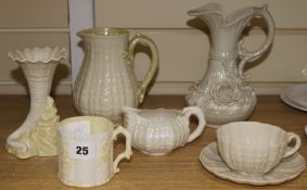 Six assorted items of Belleek porcelain, largest 7in.